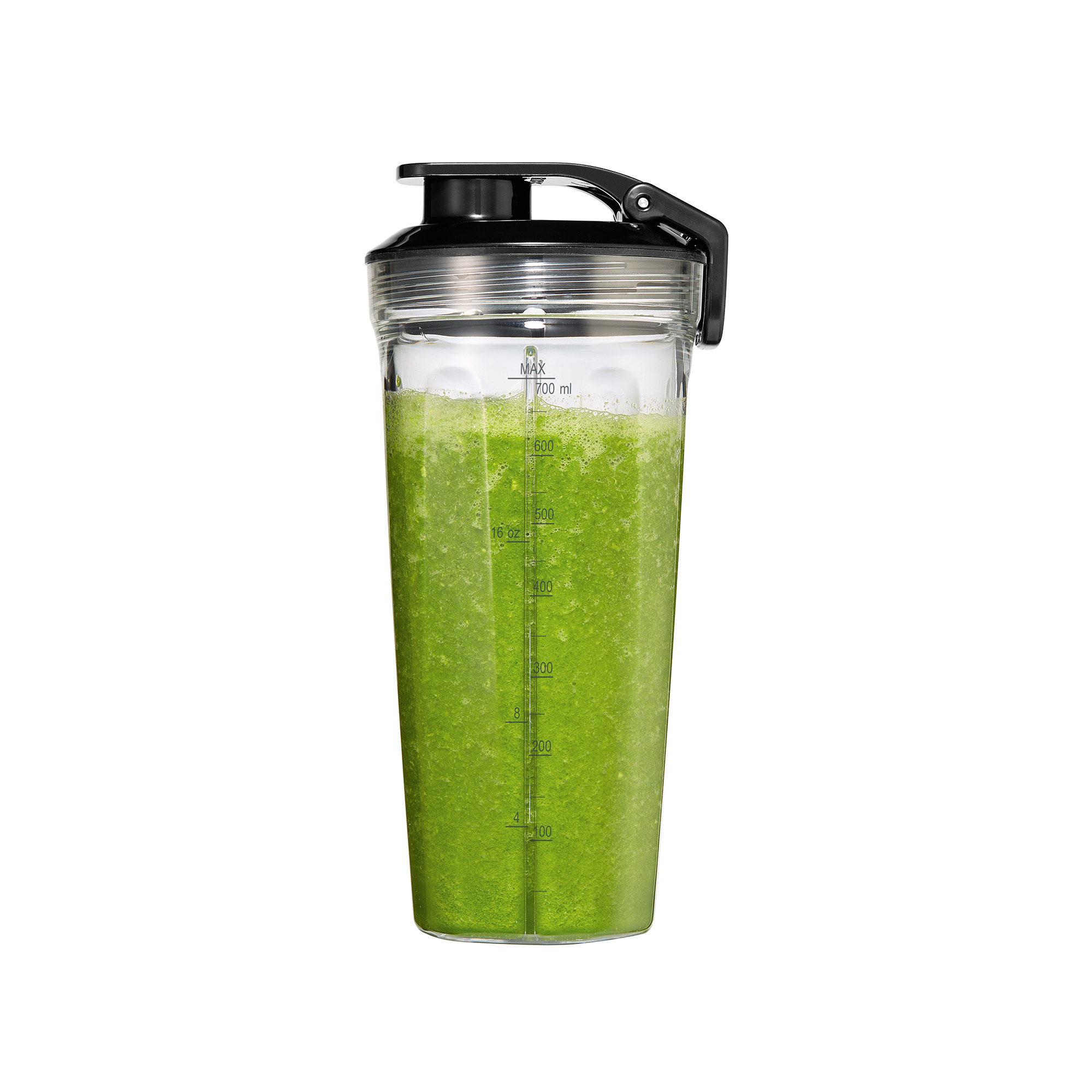 Transparenter Shaker-Becher, gefüllt mit grüner Flüssigkeit, schwarzer Deckel.