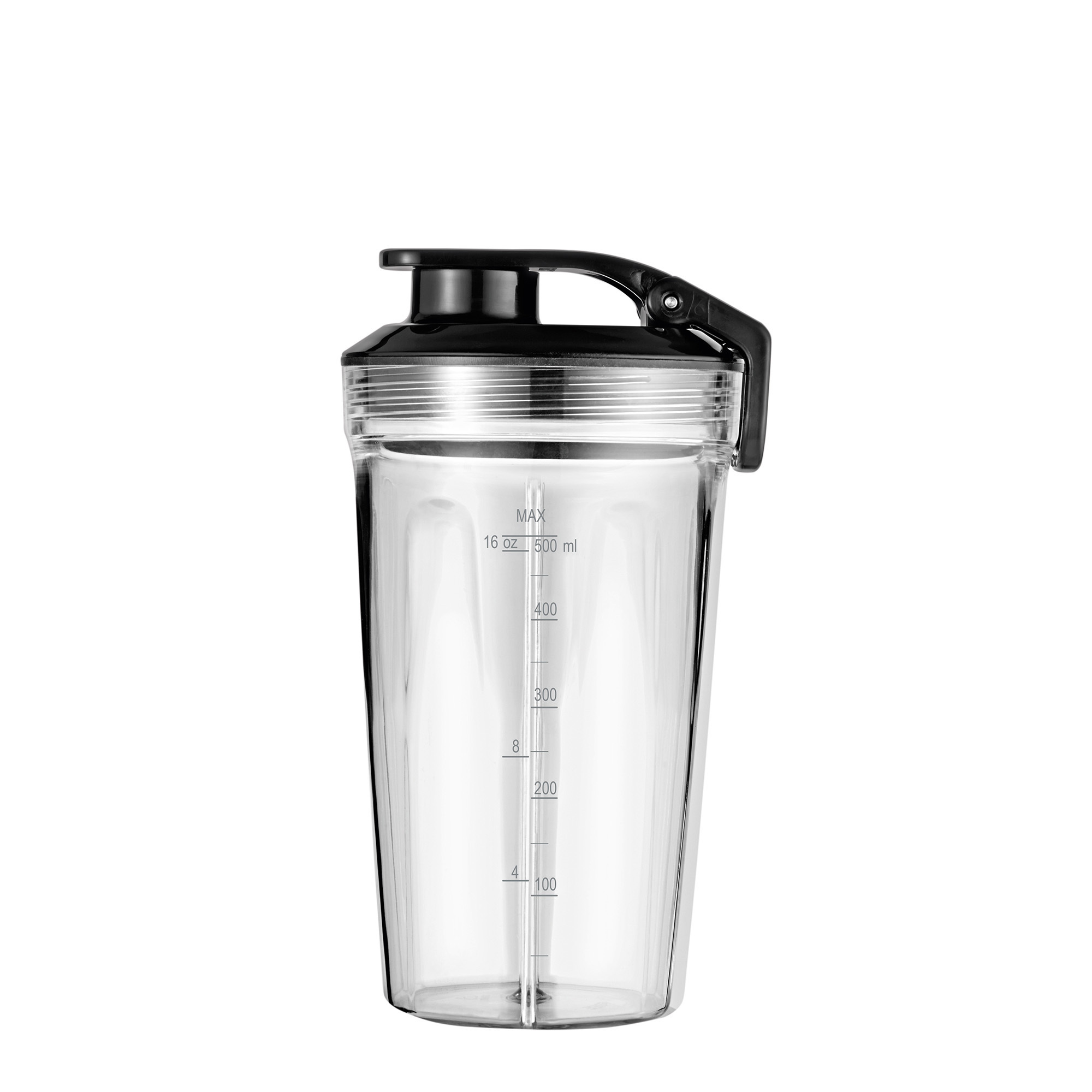 Transparenter Kunststoff-Shaker mit schwarzem Deckel und Griff. Er hat Messmarkierungen und eine Mischkugel.