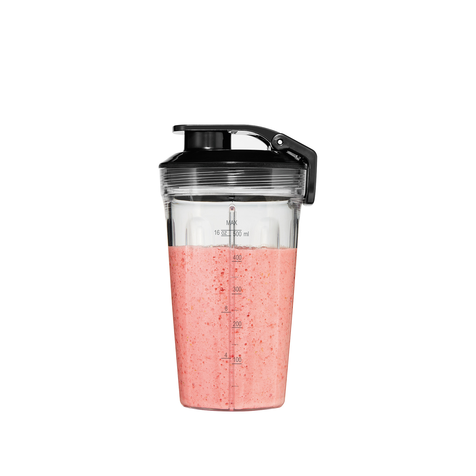 Transparente Mixflasche mit pinkfarbenem Smoothie. Schwarzer Deckel und Griff, mit Messungen.