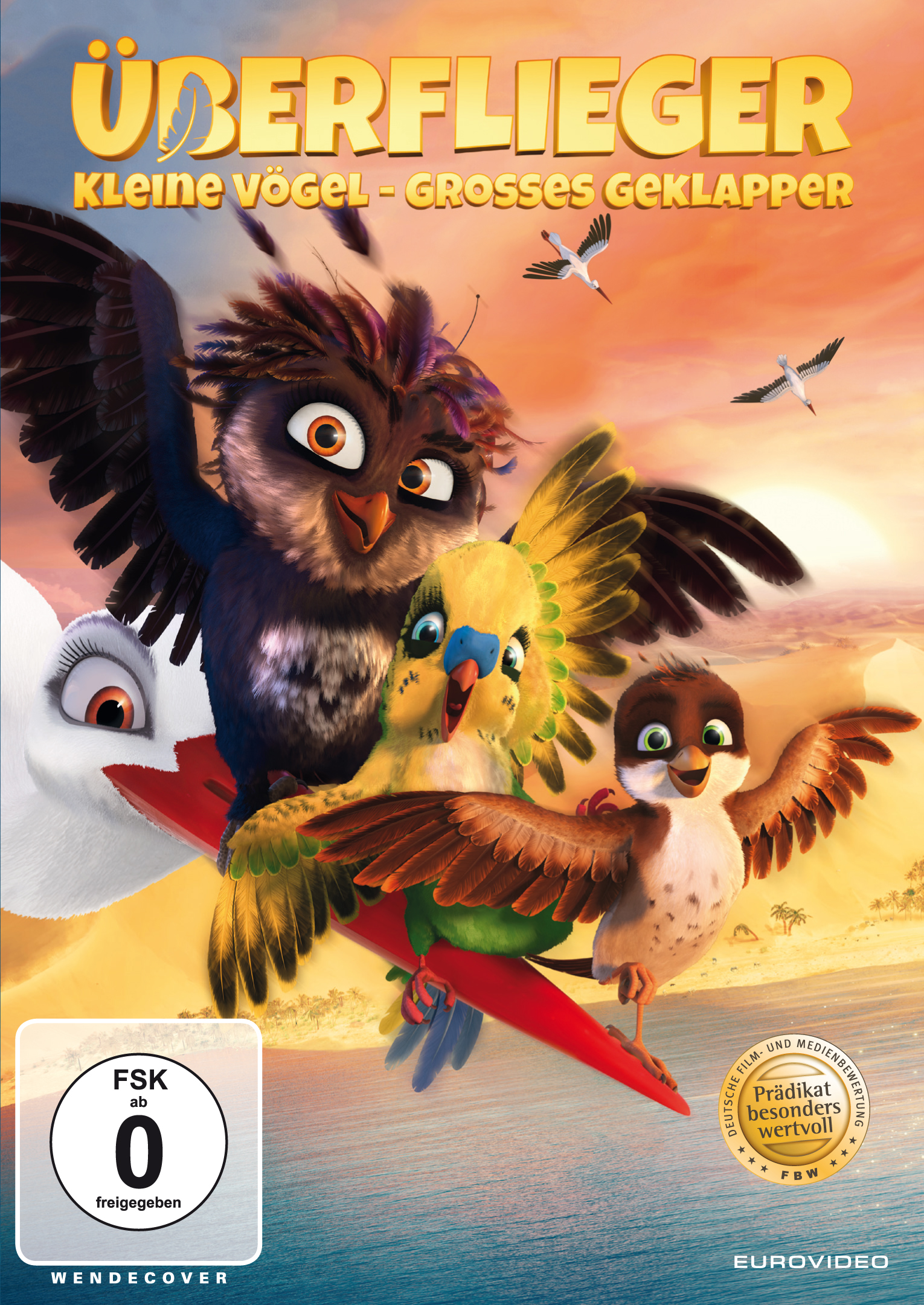 Filmcover. Bunte Cartoonvögel auf Wüstenhintergrund. Titel 'Überflieger' und 'Kleine Vögel - Grosses Geklapper'.