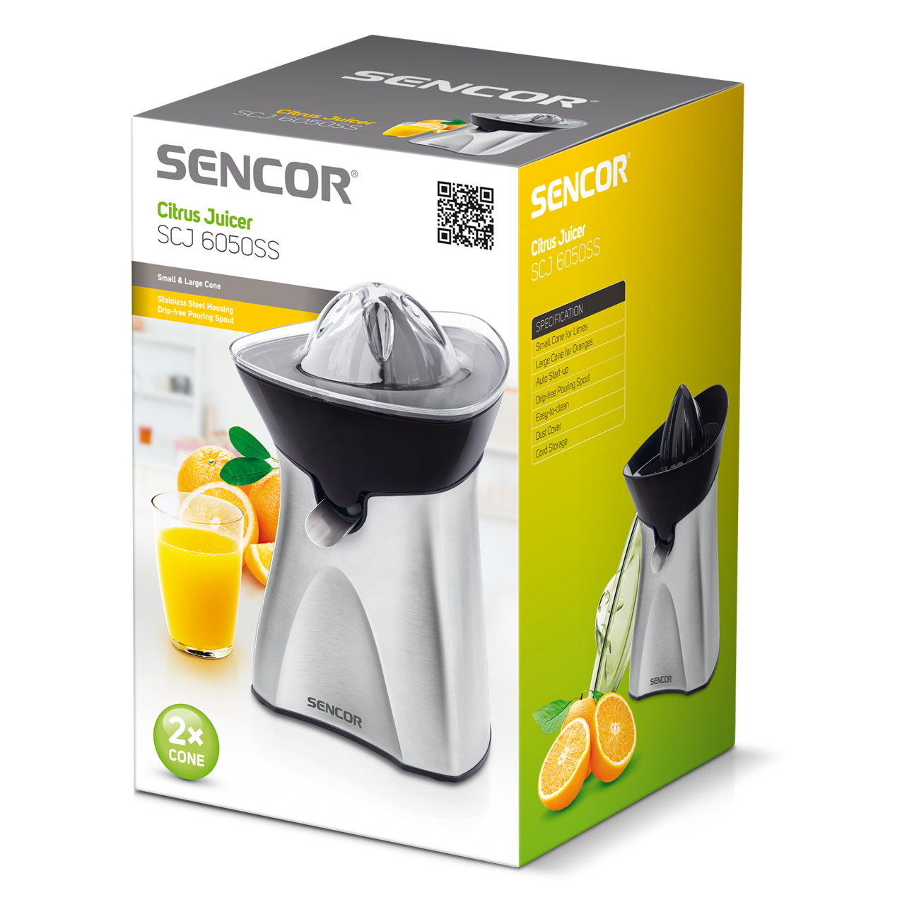 Sencor citrusprés egy dobozzal. A prés ezüst és fekete, narancsokkal és lével.