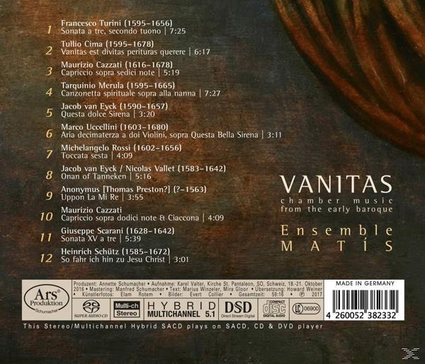Rückseite einer CD mit Noten und einer Titelliste von Ensemble Matis, deutscher Text.