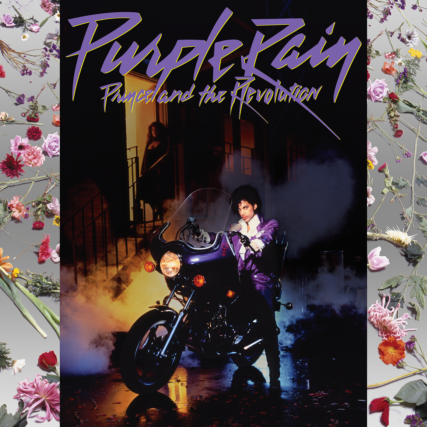 Albumcover von Prince auf einem Motorrad, Titel 'Purple Rain'.