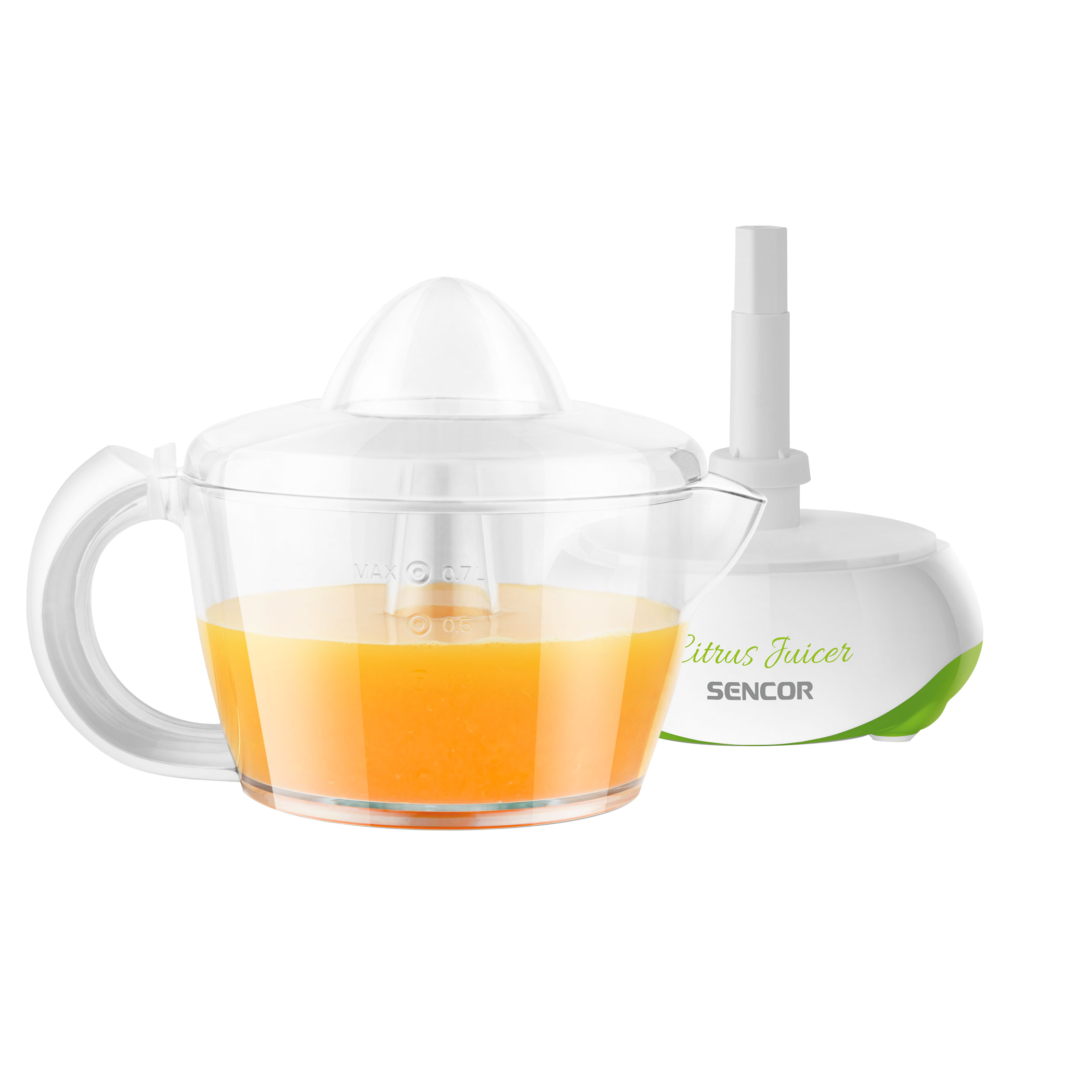 Átlátszó citrusfacsaró narancslével és fehér alappal. Zöld szöveg: 'Citrus Juicer'.