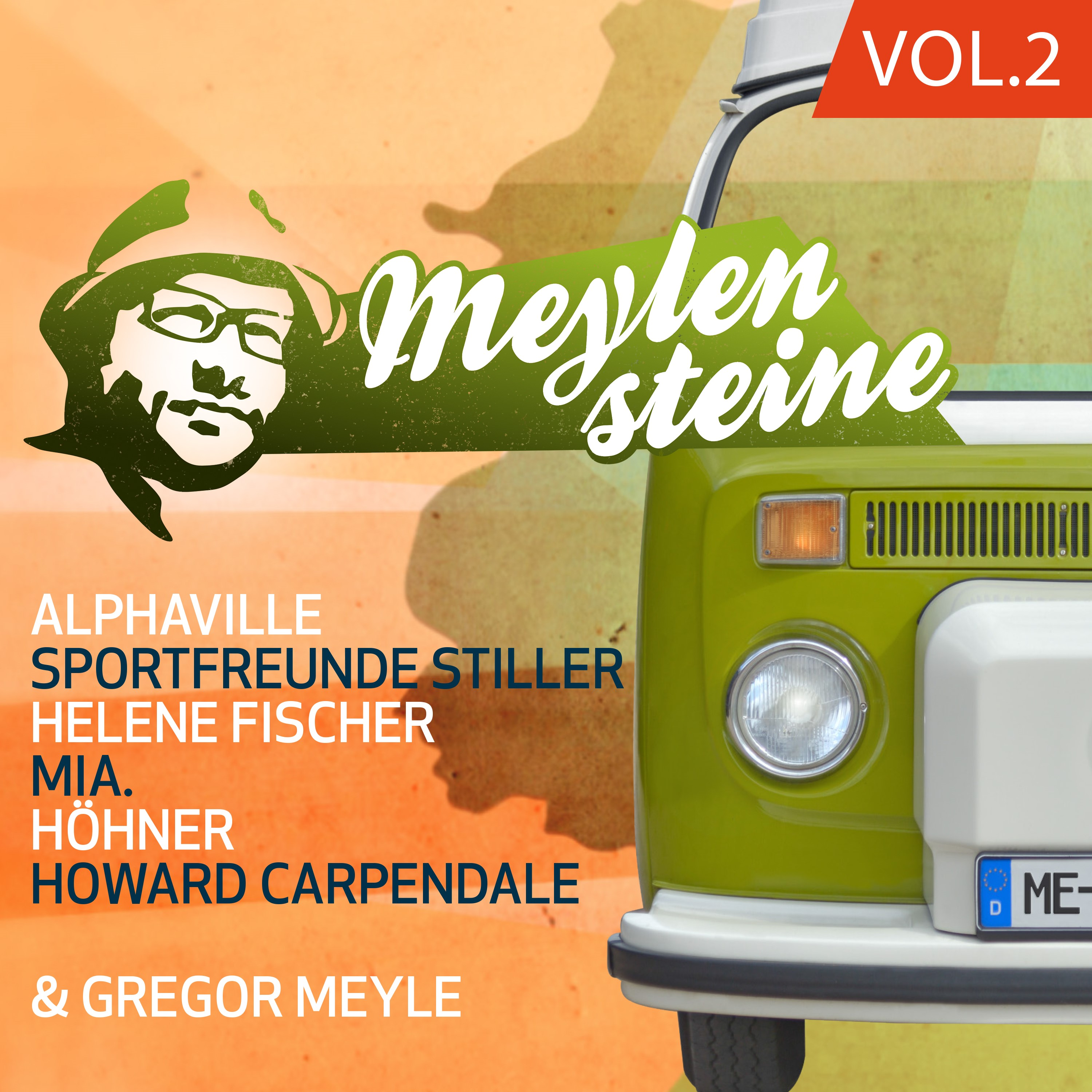 Albumcover mit einer grünen VW-Bus-Illustration, dem Titel 'Meylensteine' und einer Künstlerliste.