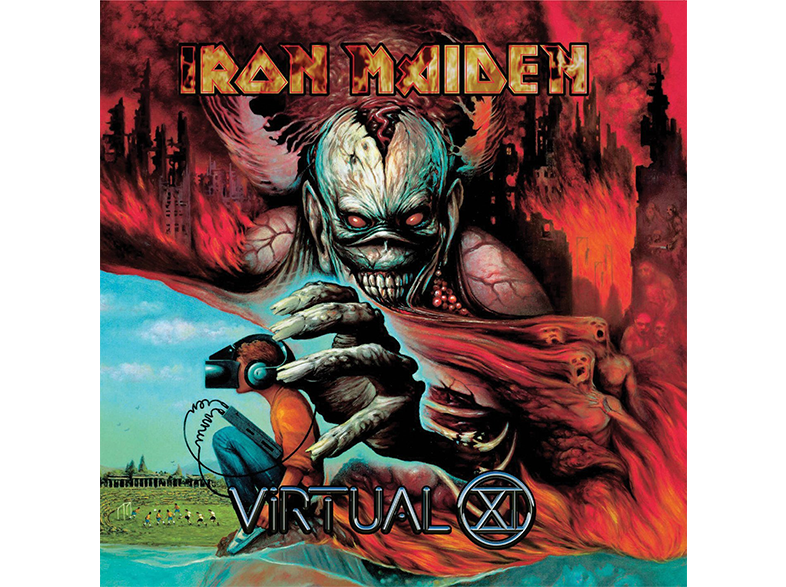 Az Iron Maiden Virtual XI albumának borítója. Egy szörny VR-headsettel és egy égő stadionnal.