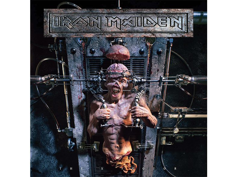 Album borító szörnnyel egy gépben. Szöveg: 'IRON MAIDEN THE X FACTOR'.