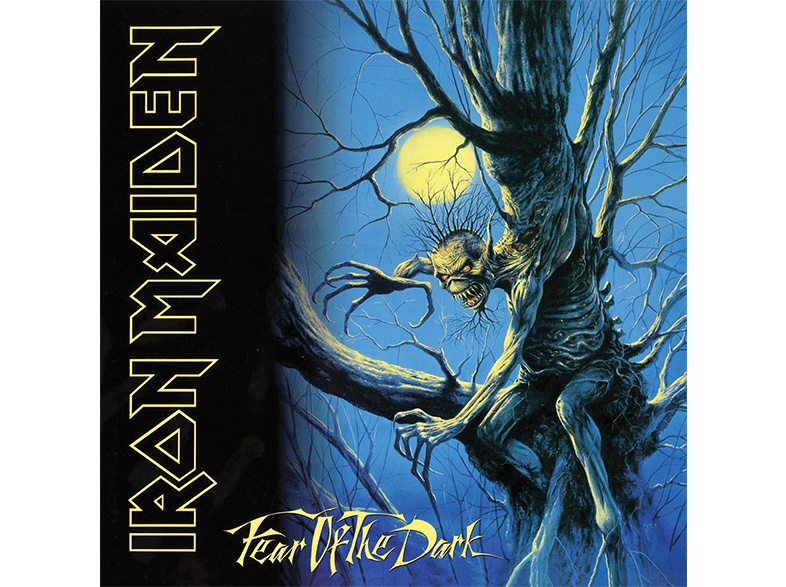 Album borító, Iron Maiden, Fear of the Dark, egy szörnyeteggel egy sötét erdőben.