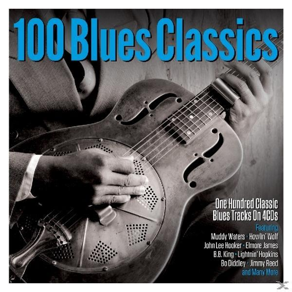 Albumcover: '100 Blues Classics'. Eine Person spielt eine Resonatorgitarre. Mit Künstlern wie Muddy Waters.