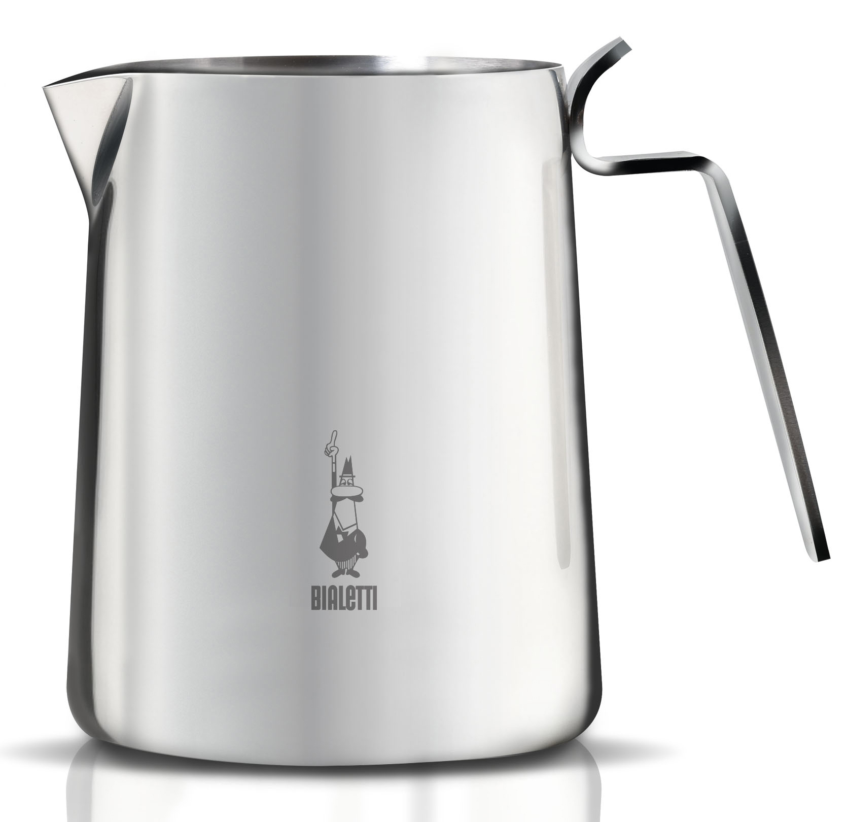Milchkännchen aus Edelstahl von Bialetti mit Griff und Logo eines Mannes mit Schnurrbart.