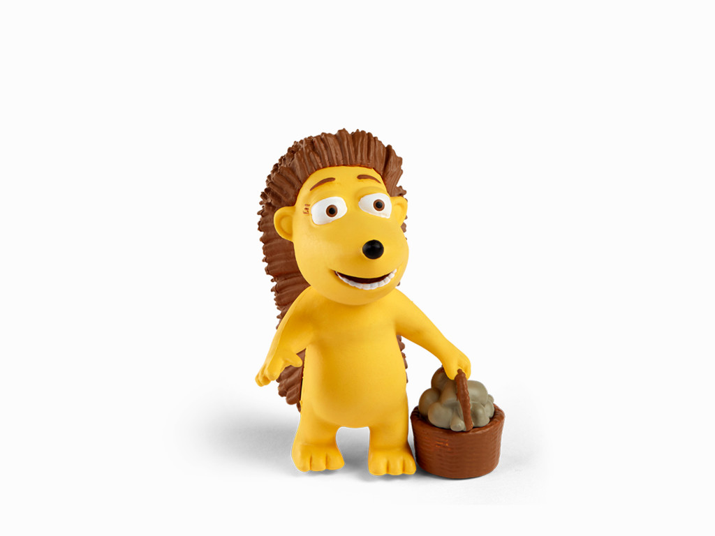 Eine Cartoon-Igel-Figur, die einen Korb mit grauen Gegenständen hält, lächelt, auf weißem Hintergrund.