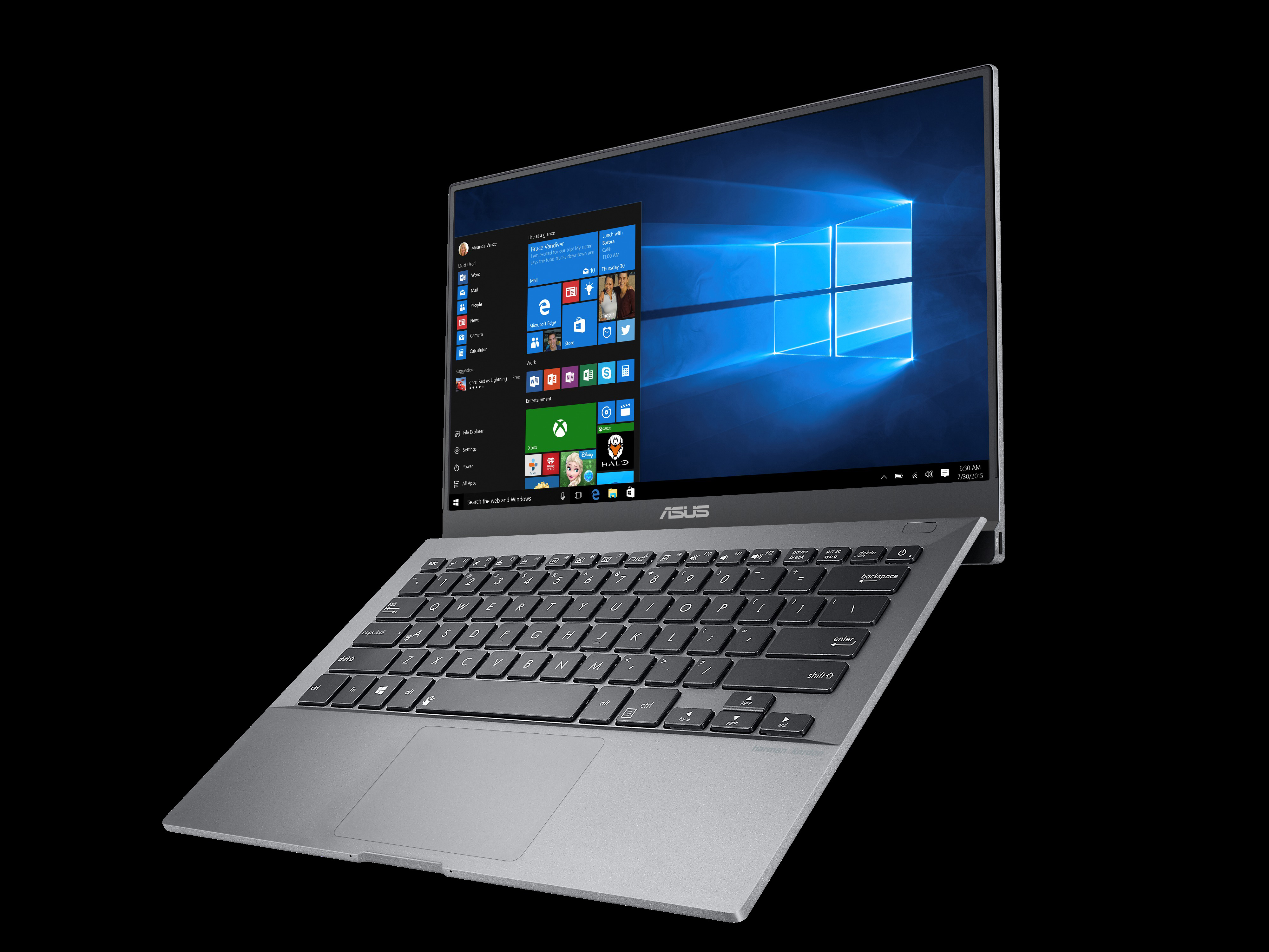 Ein silberner ASUS-Laptop schwebt vor schwarzem Hintergrund mit aktivem Windows-10-Desktop.