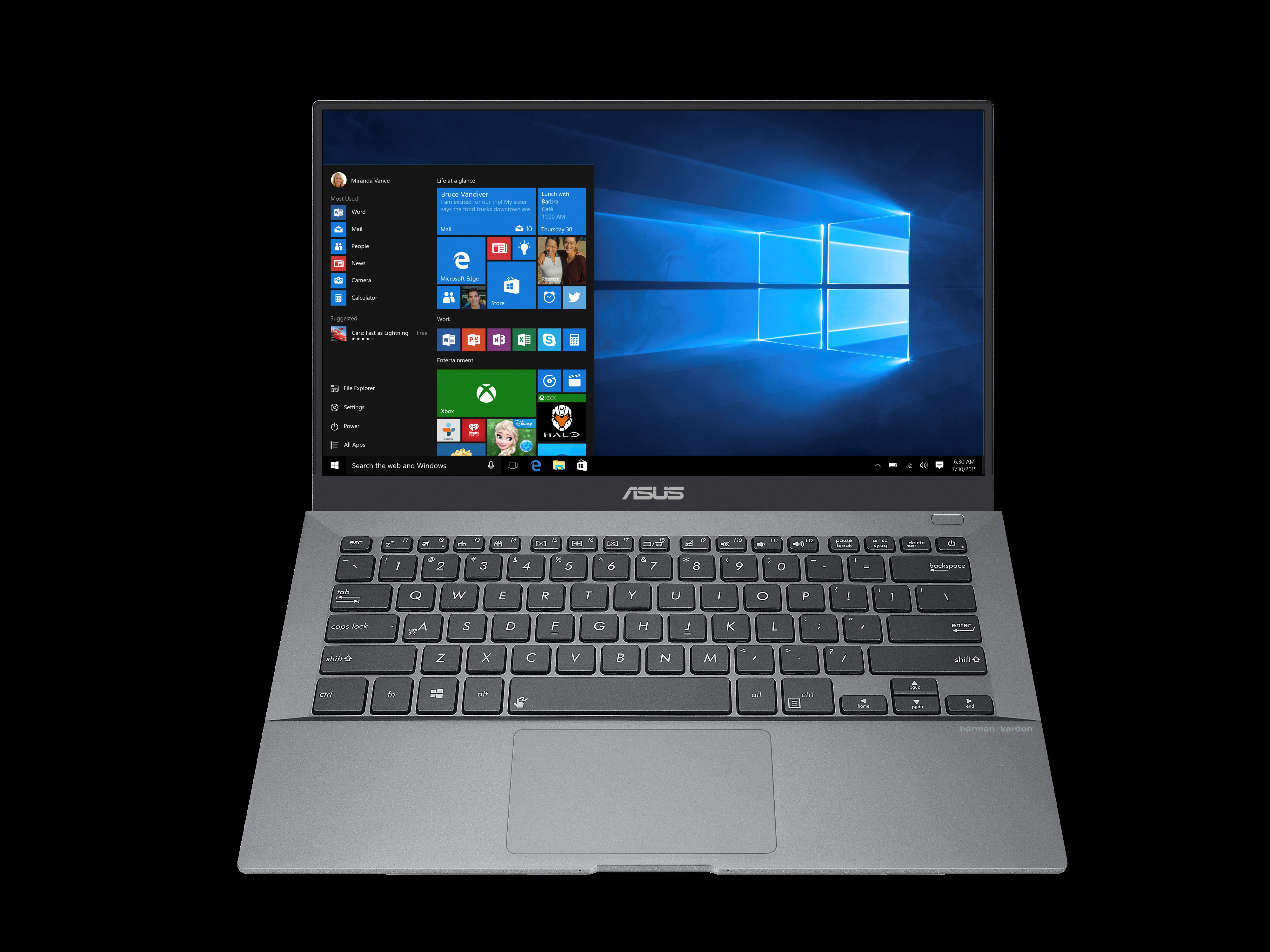 Ein grauer ASUS-Laptop zeigt den Windows 10 Startbildschirm mit dem blauen Standardhintergrund.