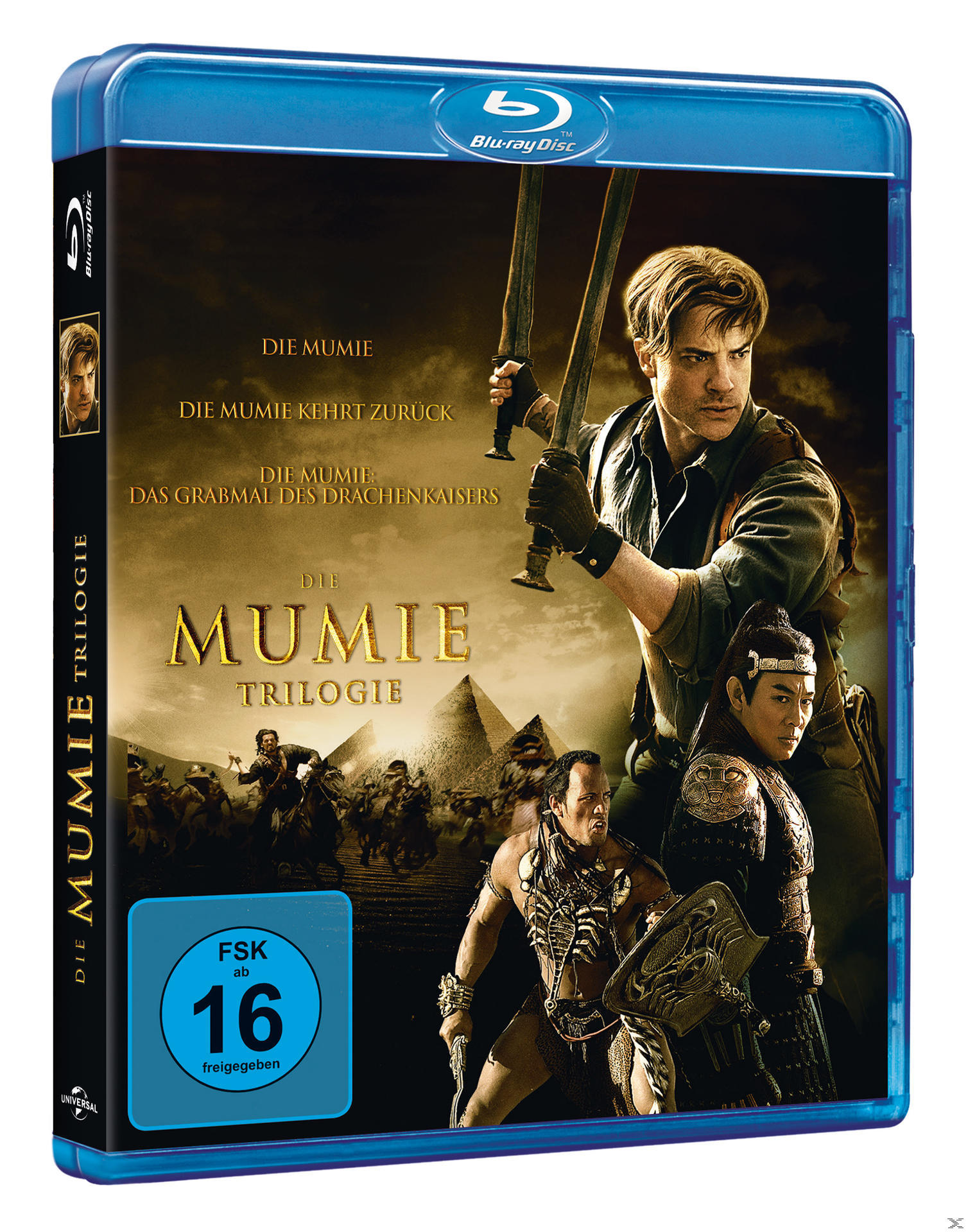 Filmcover mit drei Personen. Mann mit Schwertern, die anderen beiden halten Schwerter.