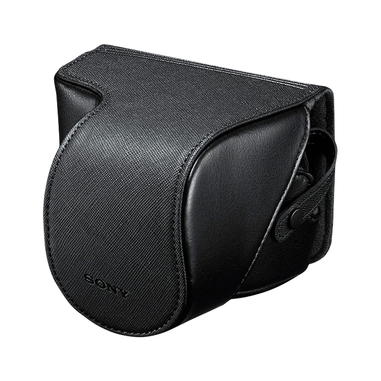 Schwarze Kameratasche aus Leder. Die Tasche ist geschlossen und hat das Sony Logo.