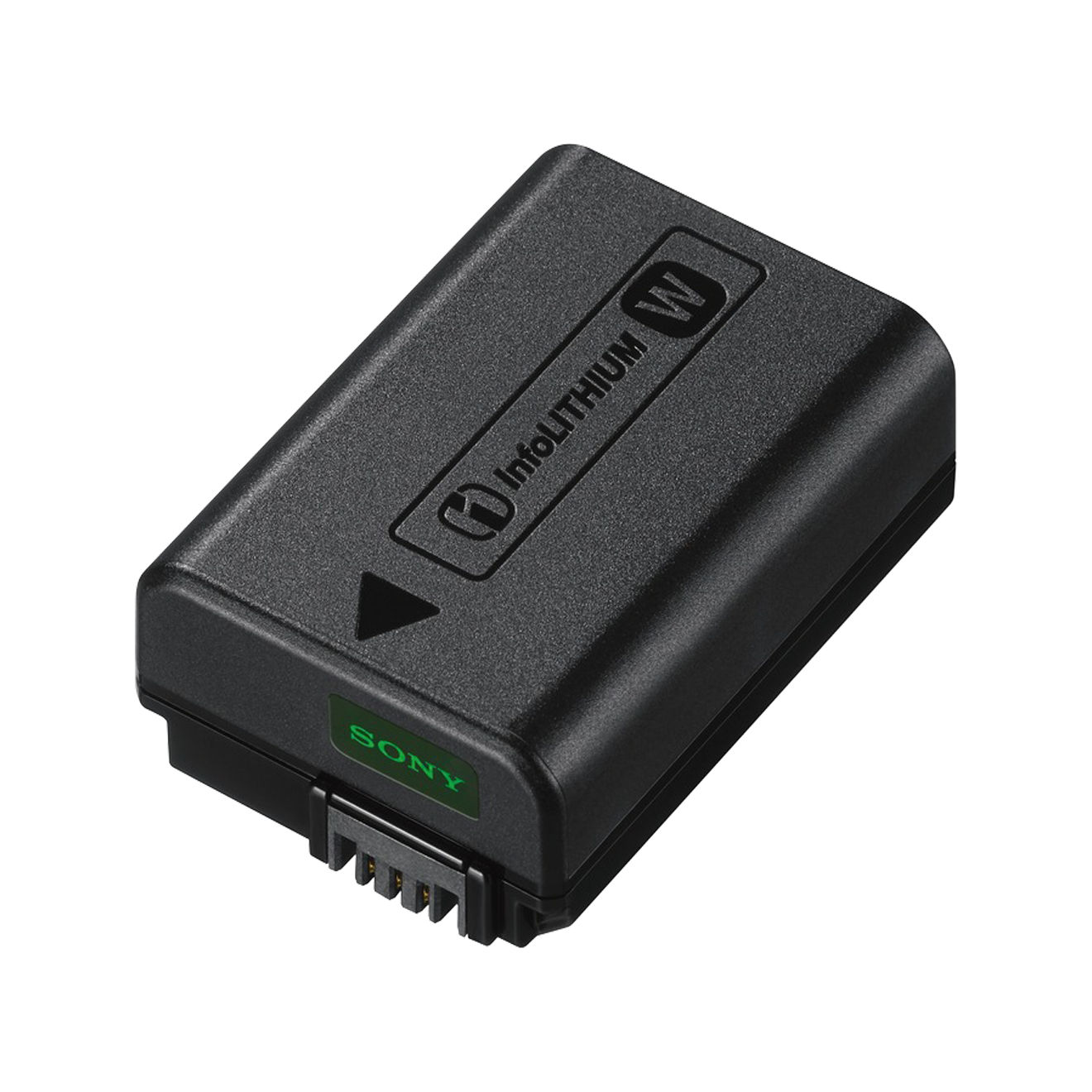 Schwarzer Sony InfoLithium W Akku. Grünes Etikett unten. Weißer Hintergrund.