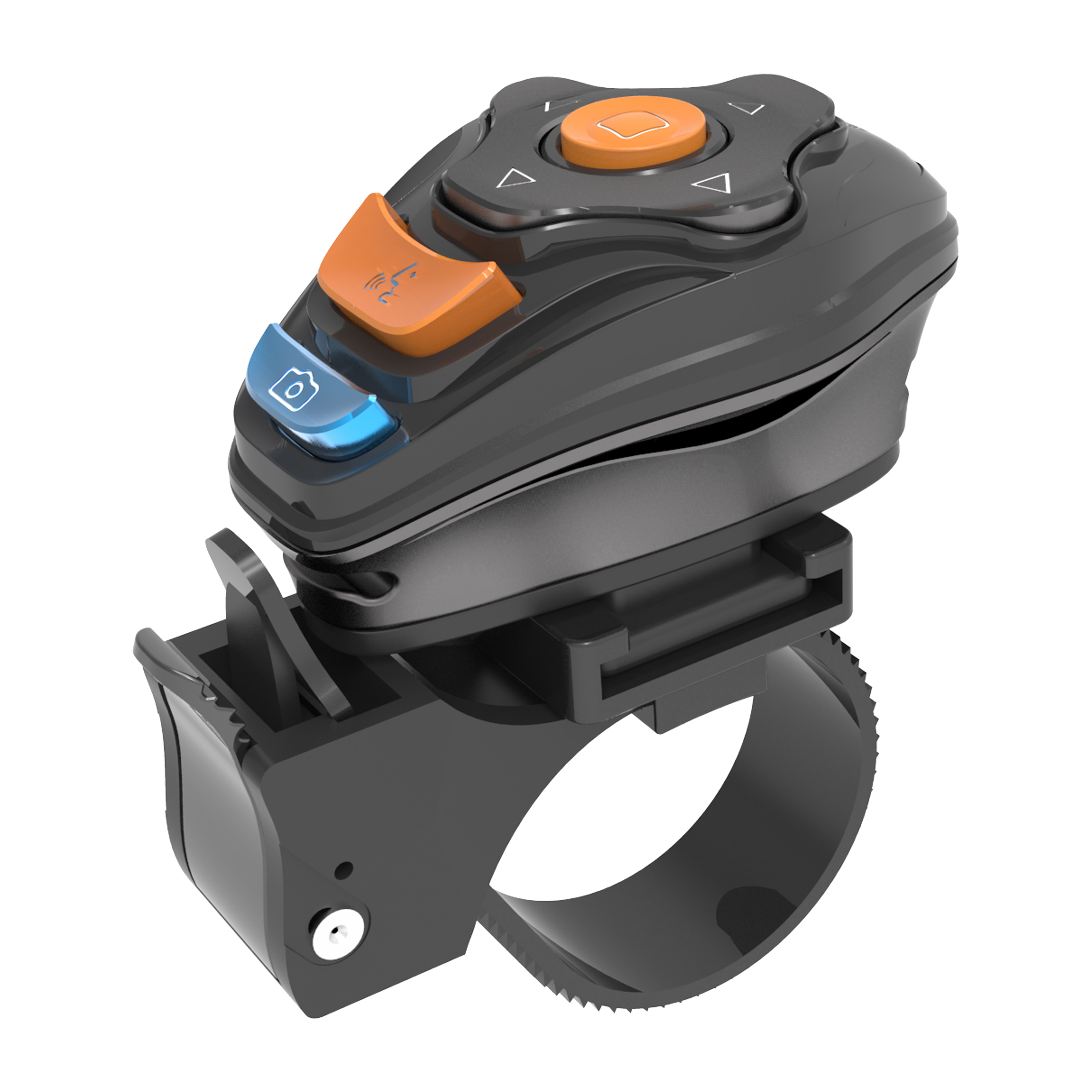 Schwarze Fernbedienung mit Knöpfen und Armband zur Kamera-Bedienung.