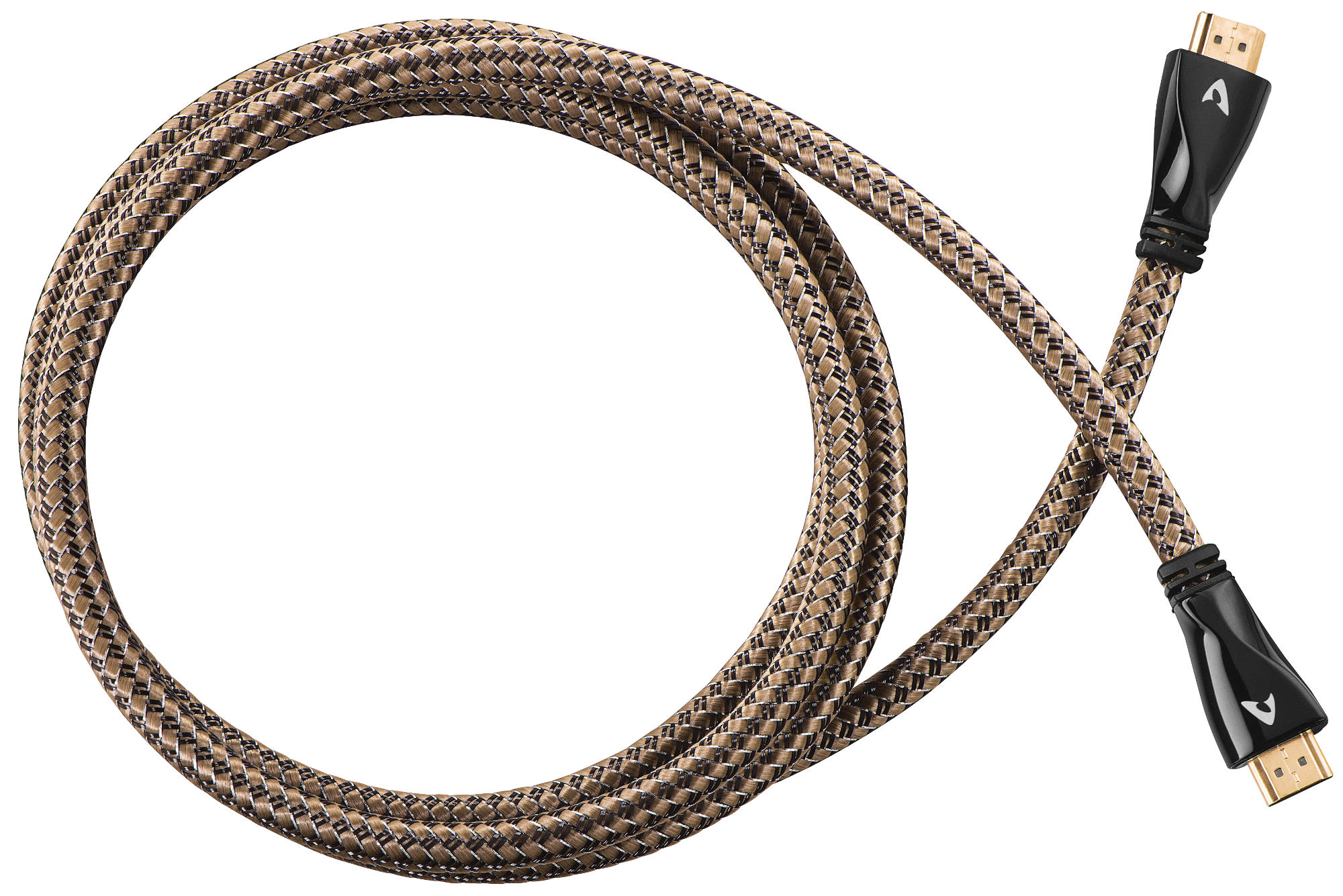 Un cavo HDMI con un design intrecciato marrone e nero. Il cavo forma una forma a occhio. Connettori neri alle estremità.