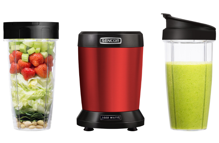 Három turmixgép: egy gyümölccsel és zöldséggel, egy piros, és egy zöld smoothie-val.