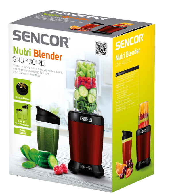 Sencor Nutri Blender doboz piros turmixgéppel, zöld folyadékkal teli pohárral, gyümölcspohárral.