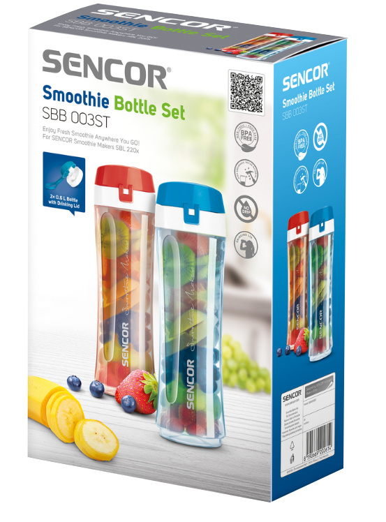 SENCOR smoothie palackok készlete gyümölccsel. Piros és kék palackok láthatók.