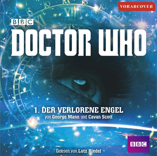 Hörbuchcover, BBC Doctor Who, mit blauem und goldenem Farbthema und Weltraumhintergrund.