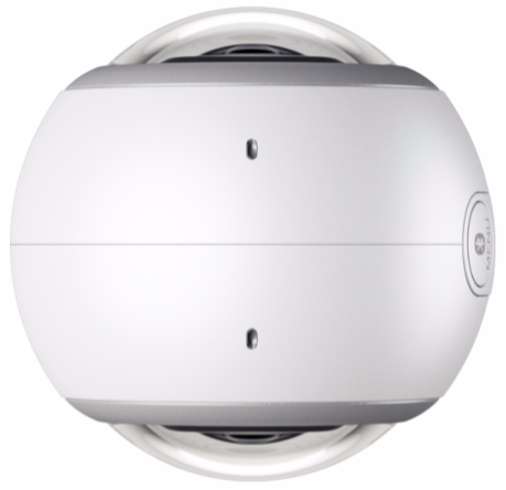 Een wit, bolvormig camera-apparaat met twee lenzen en een menuknop op een witte achtergrond.