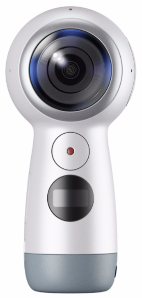 Witte 360 graden camera. Rode stip, lens en knoppen zichtbaar.