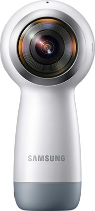 Witte Samsung 360-camera met zilveren accenten. Afgeronde vorm, lens aan de bovenkant.