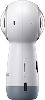 Witte 360-graden camera met twee lenzen, zijaanzicht.