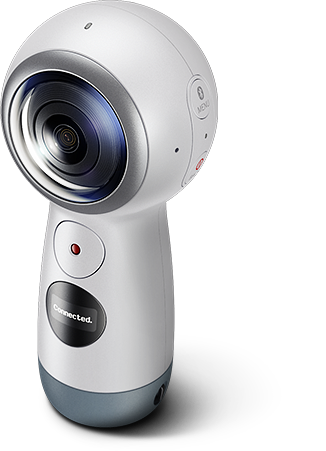 Witte 360-graden camera met lens, knoppen en het woord 'Connected' op het display.