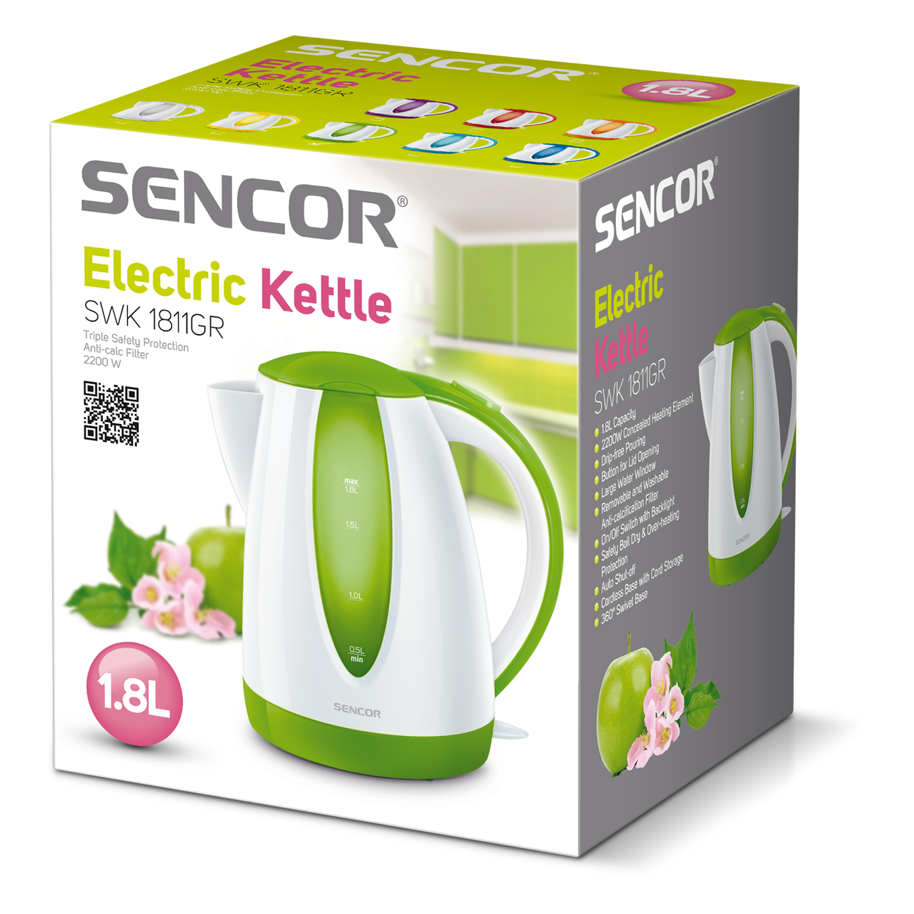 SENCOR elektromos vízforraló doboza. A zöld díszítésű vízforralót és almákat mutatja.