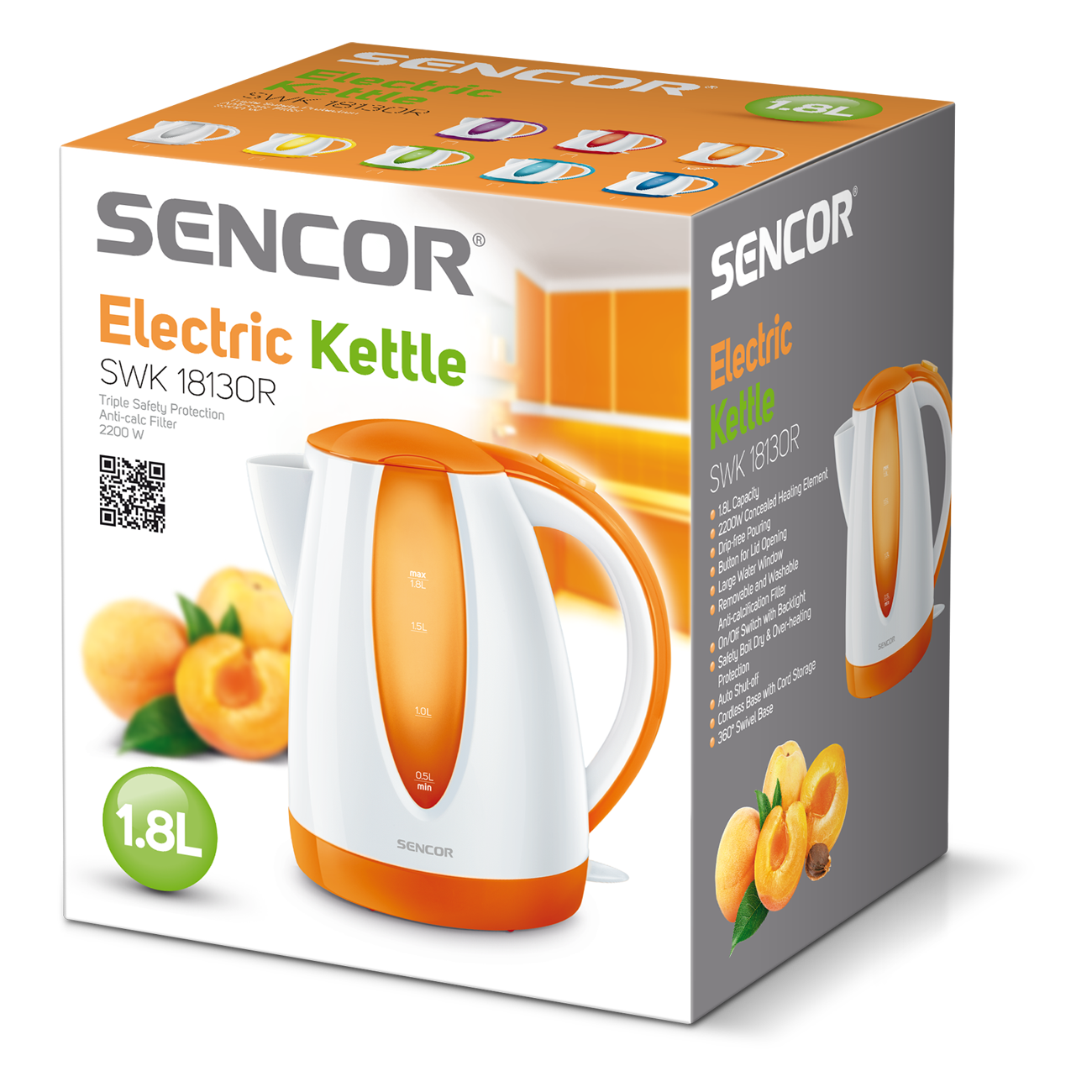 Fehér és narancssárga elektromos vízforraló dobozon, sárgabarackkal. Szöveg: SENCOR Electric Kettle, 1.8L.