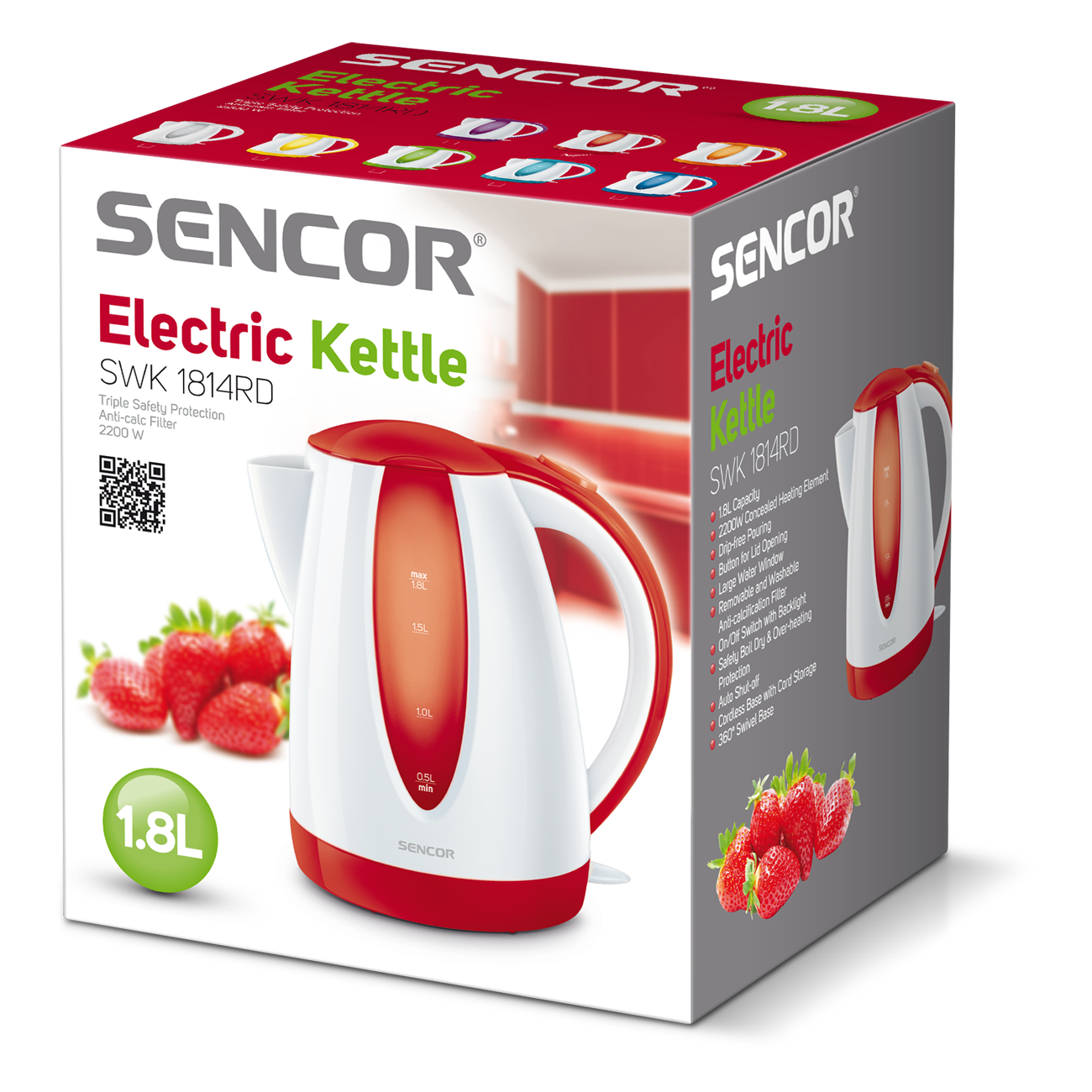 SENCOR elektromos vízforraló doboz, fehér és piros, eper látható.
