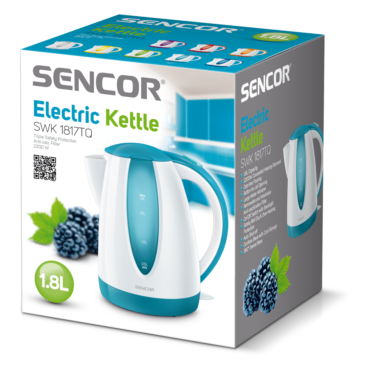 Sencor elektromos vízforraló doboz. Egy fehér vízforralót mutat kék tetővel és fogantyúval, szederrel.