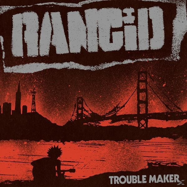Rancid-Albumcover. Silhouette spielt Gitarre. Roter und grauer Hintergrund. Brücke und Skyline.