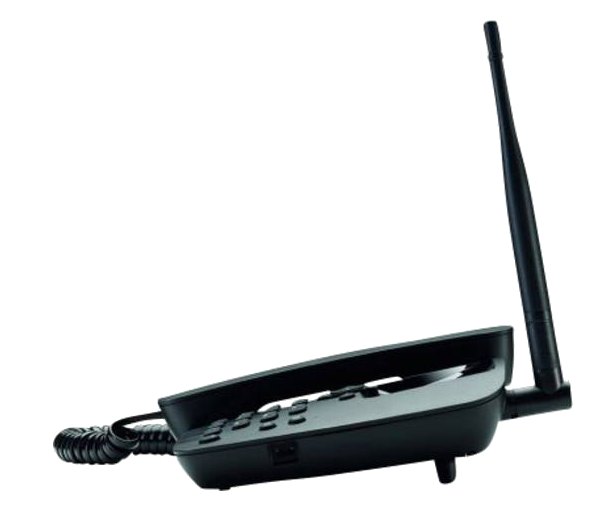Fekete vezeték nélküli telefon antennával, oldalnézetben, fehér háttérrel.