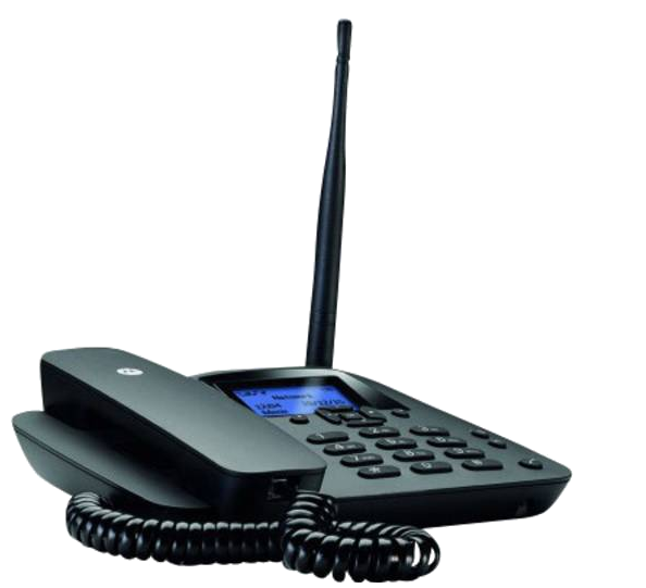 Fekete vezeték nélküli telefon bázissal és kézibeszélővel. Van egy kis képernyője és egy hosszú antennája.