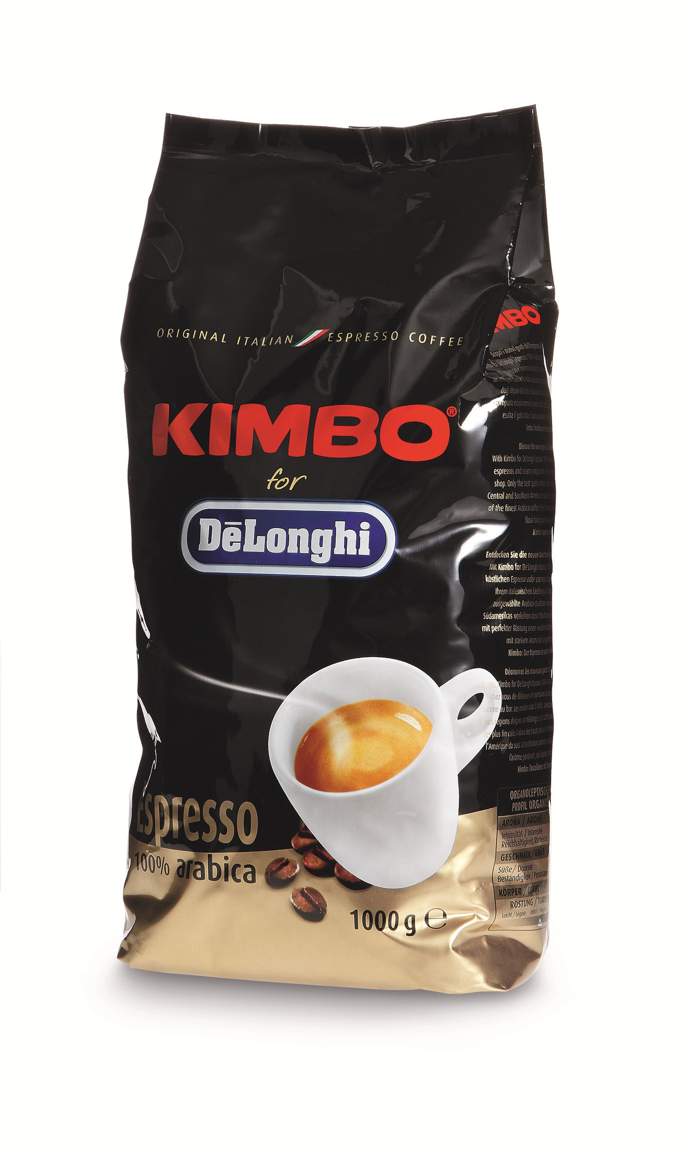 Un sac de café noir avec une tasse blanche et des grains de café. Le texte dit Kimbo pour De'Longhi.