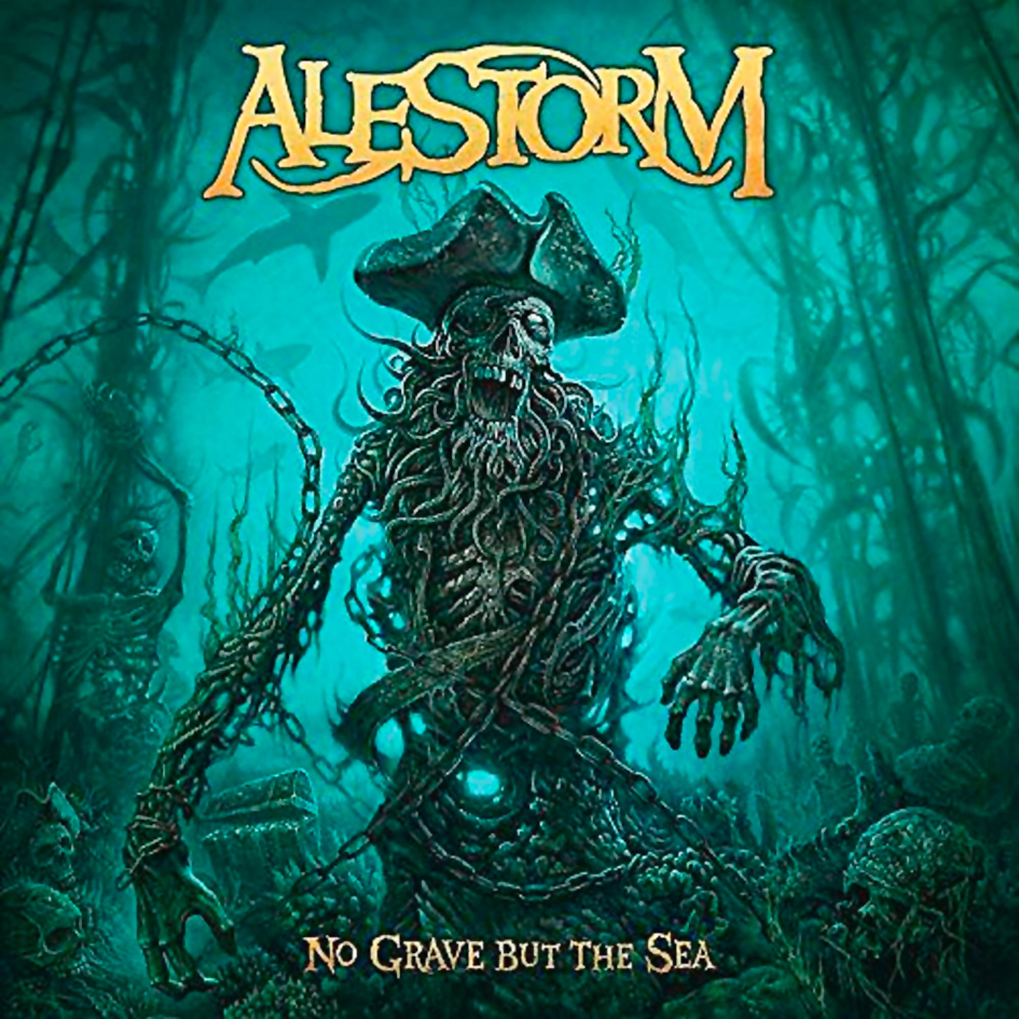 Albumcover mit einem Skelett-Piraten. Text: Alestorm, No Grave But The Sea. Türkisfarbener Hintergrund.