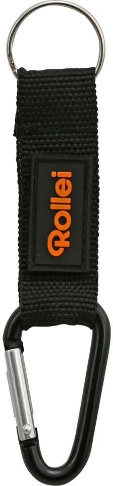 Zwarte Rollei sleutelhanger met een karabijnhaak. Het Rollei logo is oranje op een zwarte achtergrond.