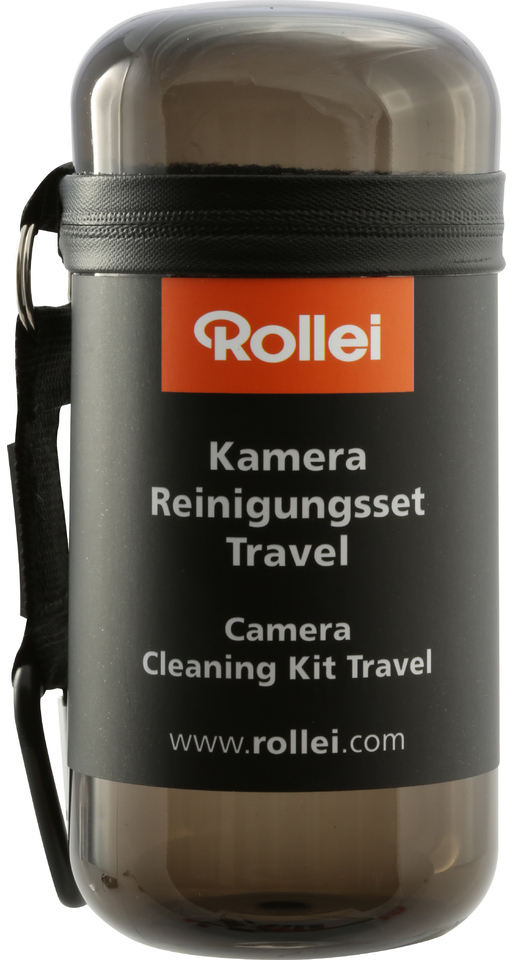 Een doorzichtige plastic container met een reinigingskit voor camera's. Het heeft een zwarte riem en het Rollei-logo.