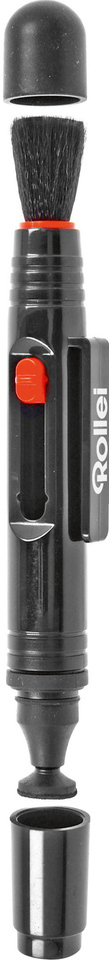 Rollei lens reinigingspen, gedemonteerd, met borstel en reinigingstip.
