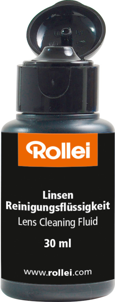 Zwarte Rollei lensreinigingsvloeistoffles, met een oranje label. Witte achtergrond.