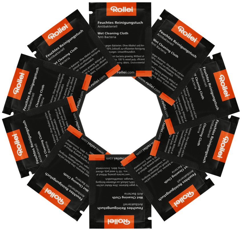 Cirkelvormige opstelling van individueel verpakte natte reinigingsdoekjes. Merknaam is Rollei.