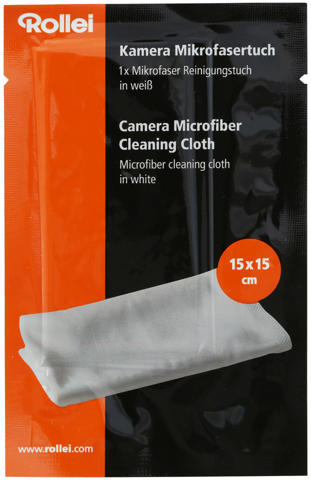 Een microvezel reinigingsdoek in een verpakking. De verpakking is oranje met witte tekst.
