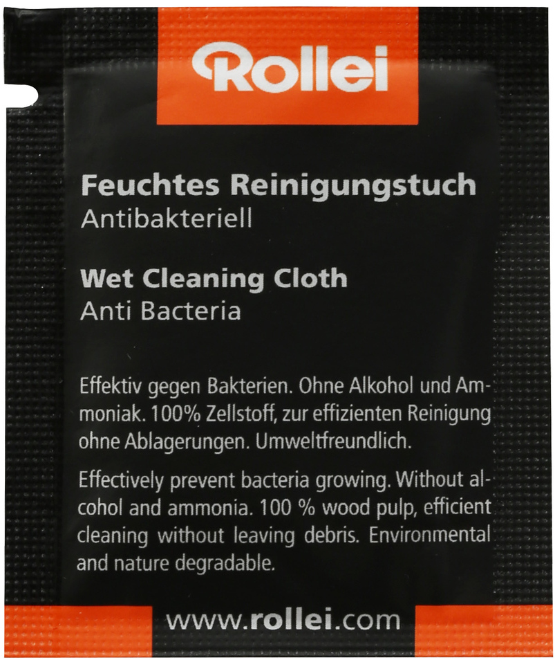 Rollei vochtige reinigingsdoekjes verpakking met tekst in het Engels en Duits.