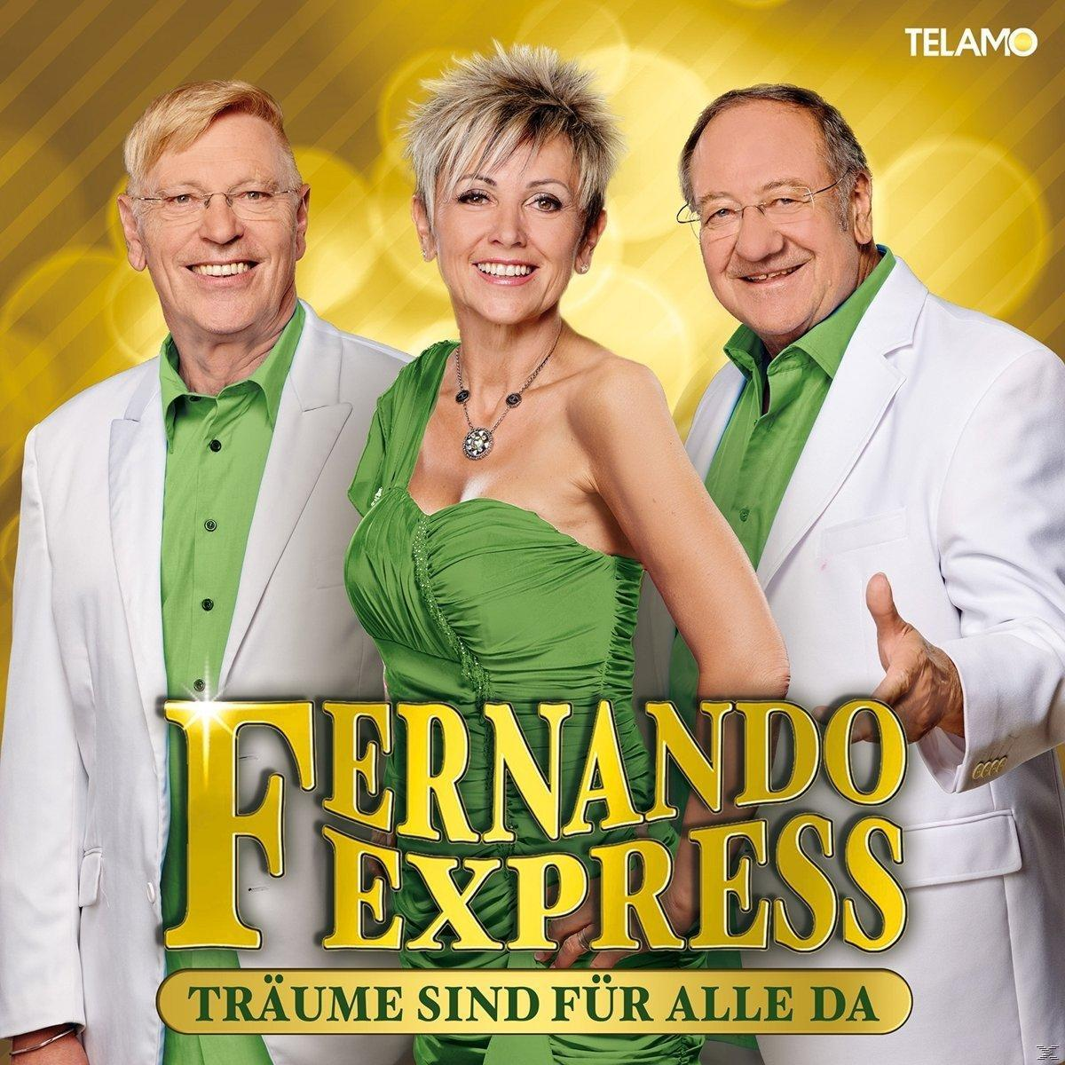 Albumcover für Fernando Express. Drei lächelnde Personen, Text und Hintergrund mit goldenem Glanz.