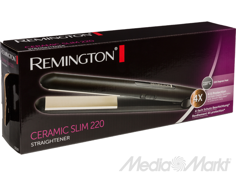 Remington Ceramic Slim 220 hajvasaló a dobozában, szöveggel és képekkel.