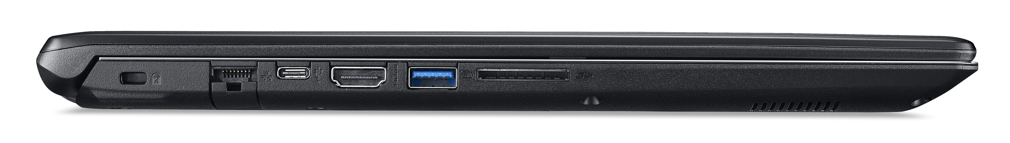 Seitenansicht eines schwarzen Laptops mit mehreren Anschlüssen an der Seite.